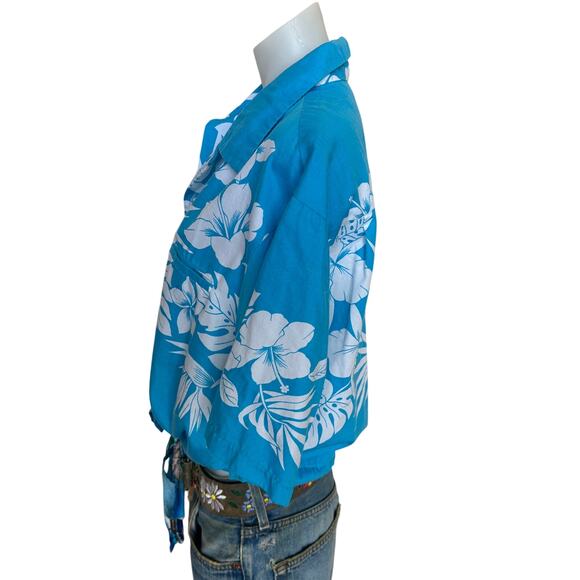 Hawaiian Shirt Button Down Crop Top One Size Oversized Hibiscus Turquoise Unique - Picture 2 of 7